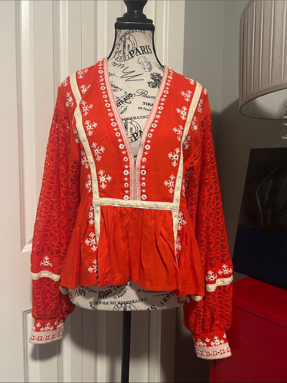 NWOT Boho Embroidered Red Peplum Top